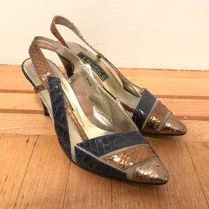 Killer vintage eel skin mesh kitten heels gold rad